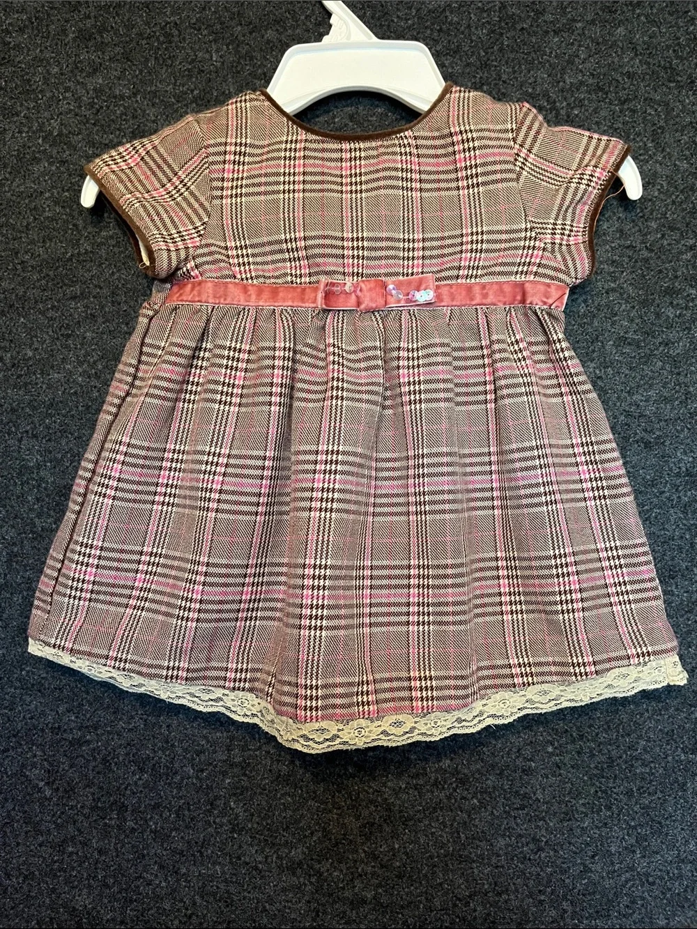 Little Bitty Plaid Lace-Trim Dress, Coat and Hat with Velvet Bow